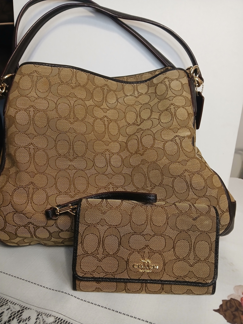 Coach Phoebe Jacquard Tote and Wallet Set in Tan